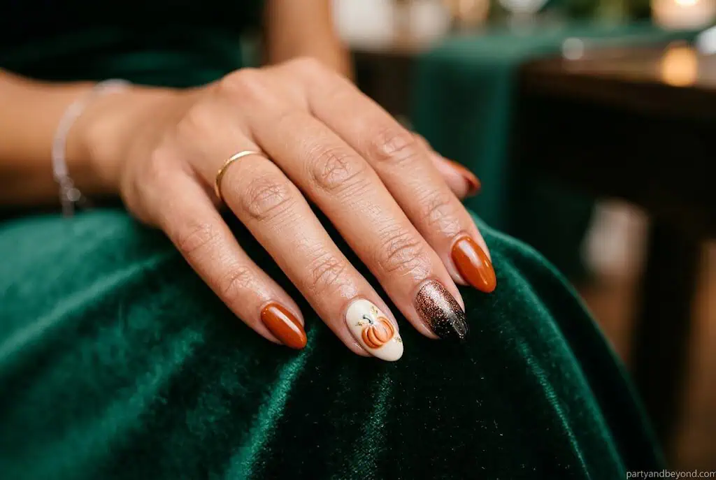 Elegant copper chrome pumpkin nails suitable for October wedding guests.