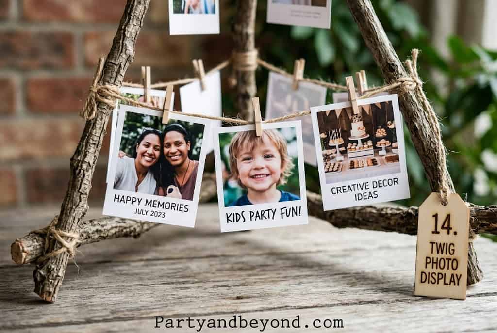 Rustic branch photo display with hanging polaroid pictures attached using mini clothespins and twine.
