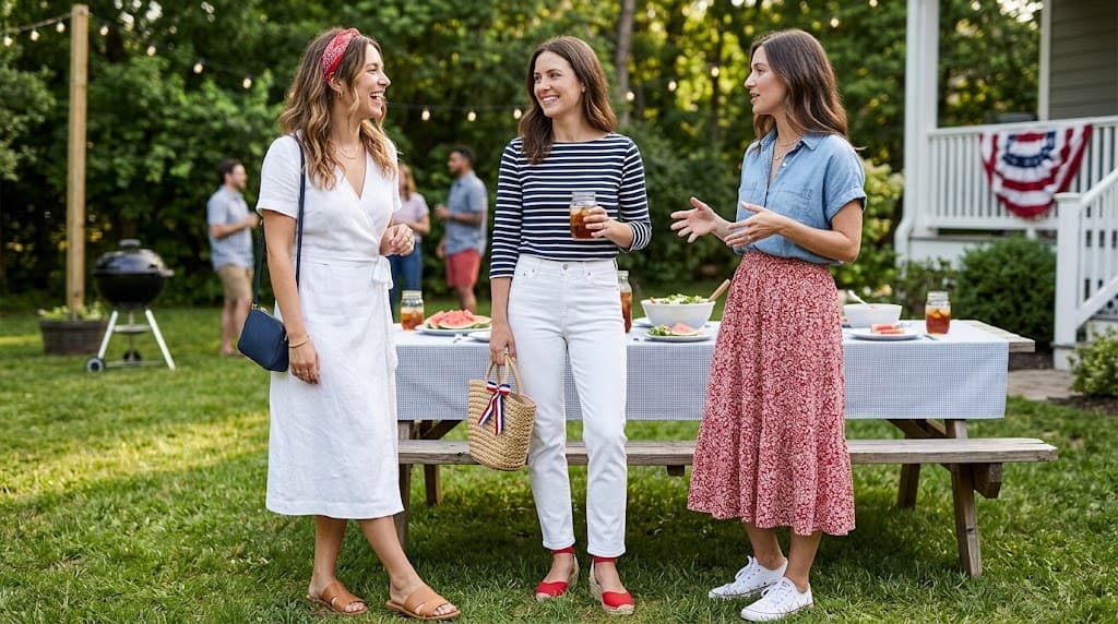 Women celebrating 4th of July with stylish outfits in a backyard setting.
