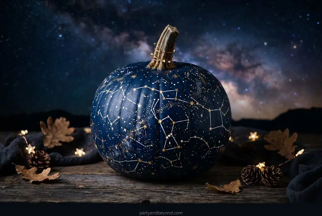 Navy pumpkin decorated with white painted star constellations