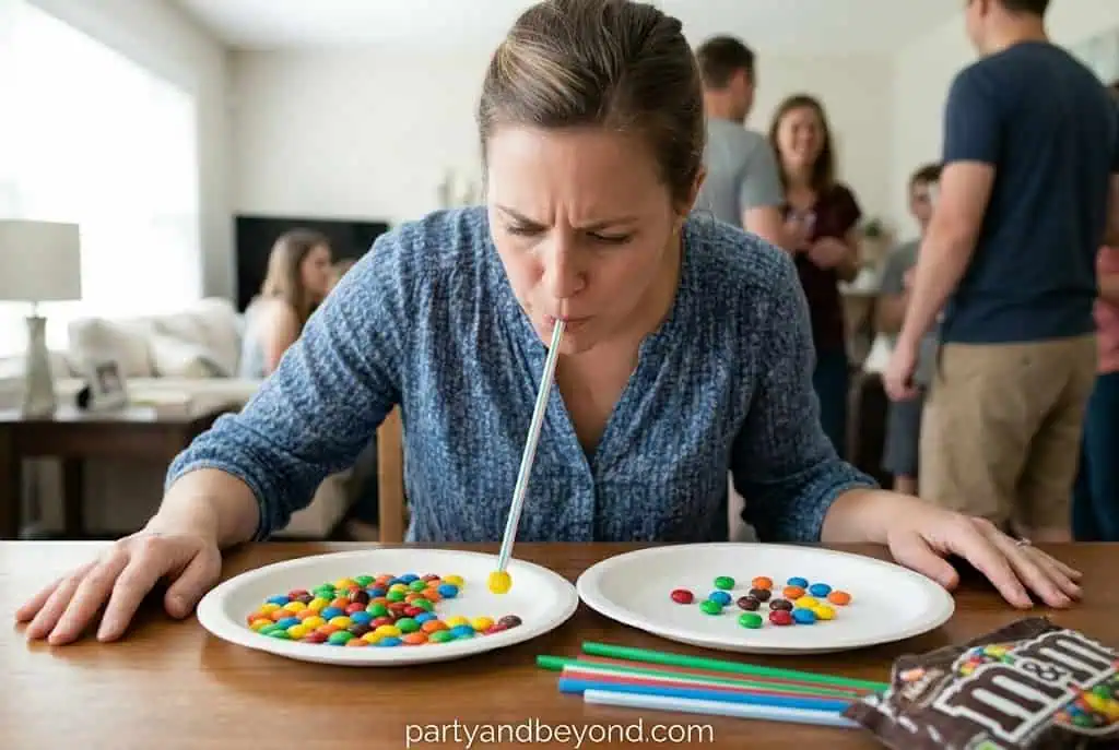 Guest transferring M&Ms between plates using only a straw during a fun party challenge