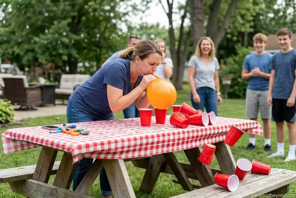 Player using balloon air to knock solo cups off a table during a backyard party game