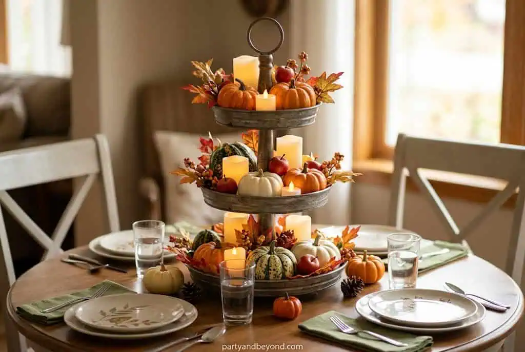 “Tiered cake stand decorated with mini pumpkins and candles for Thanksgiving”