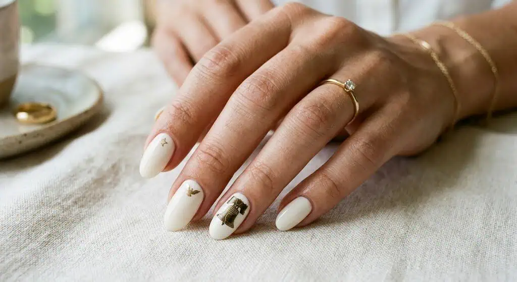 Minimal nail art featuring a gold liberty bell silhouette on neutral nails.