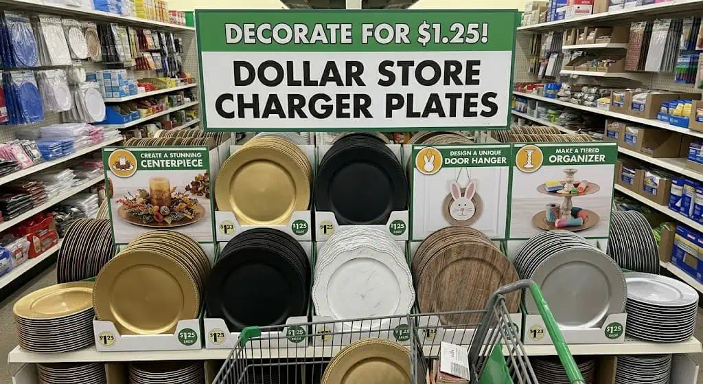 “Gold dollar store charger plates styled on an elegant party table setting”