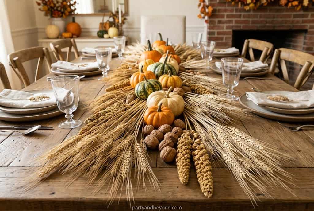 “Dried wheat bundle runner with pumpkins and walnuts on Thanksgiving table”