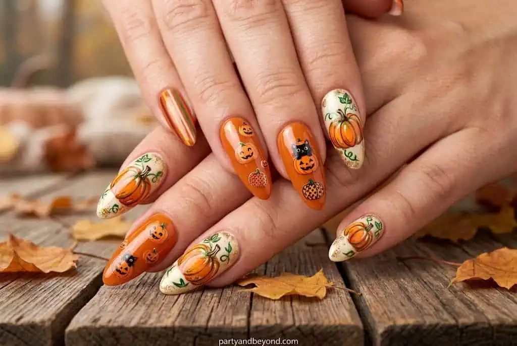 Easy pumpkin nail stickers applied over glossy orange manicure.