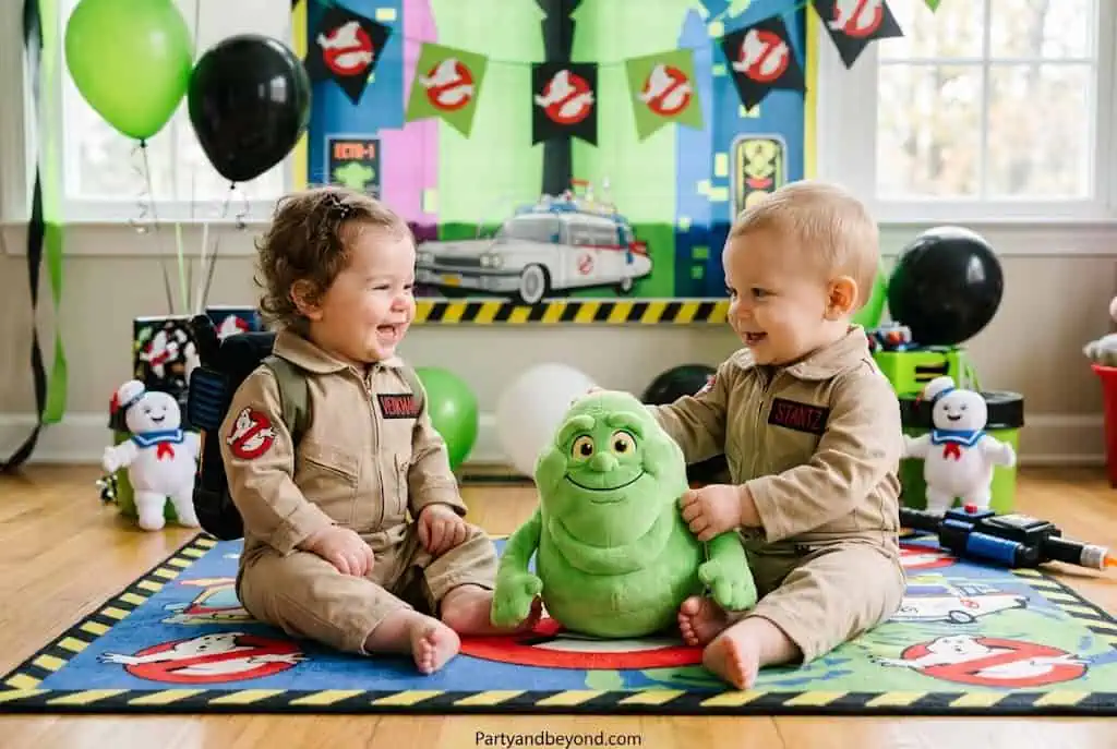 Children dressed as Ghostbusters with Ghostbusters-themed decorations.