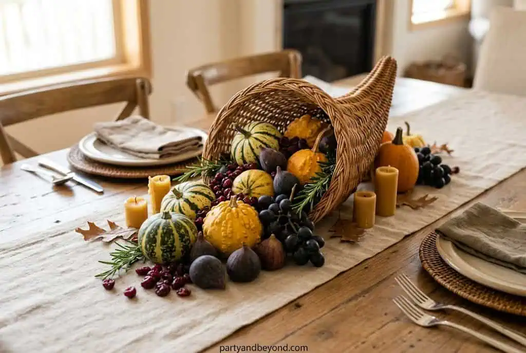 “Cornucopia filled with fruits and greenery as Thanksgiving centerpiece”