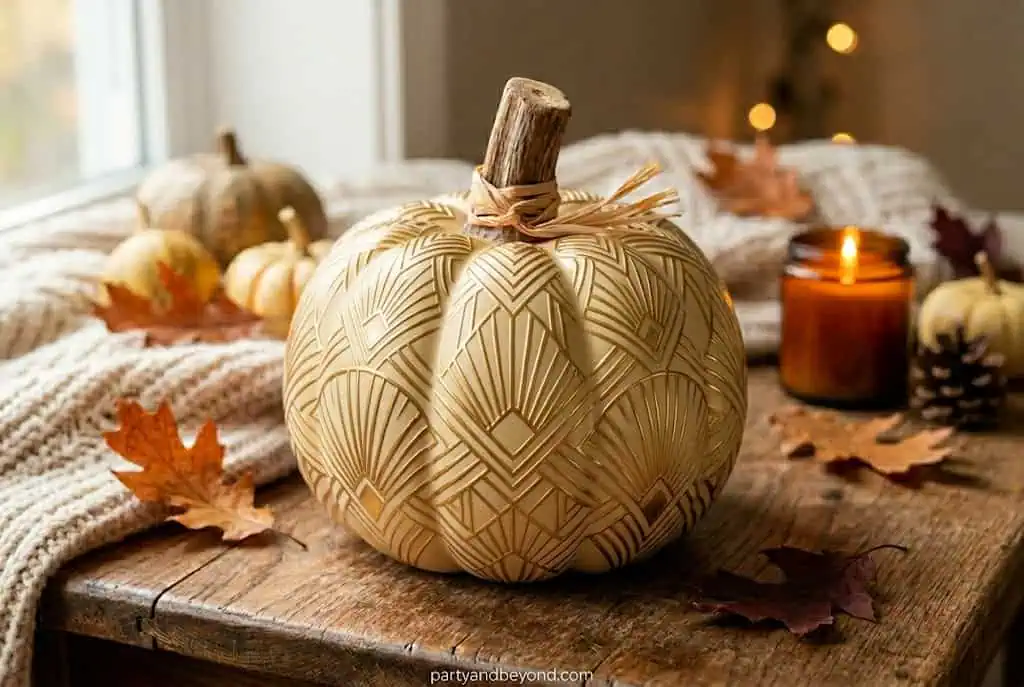 Black pumpkin with gold geometric Art Deco linework