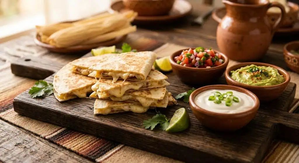 Delicious Mexican quesadillas with fresh toppings and sides for a fun party snack. Perfect for gathe.