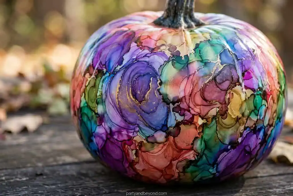 Foam pumpkin with flowing abstract alcohol ink color blends