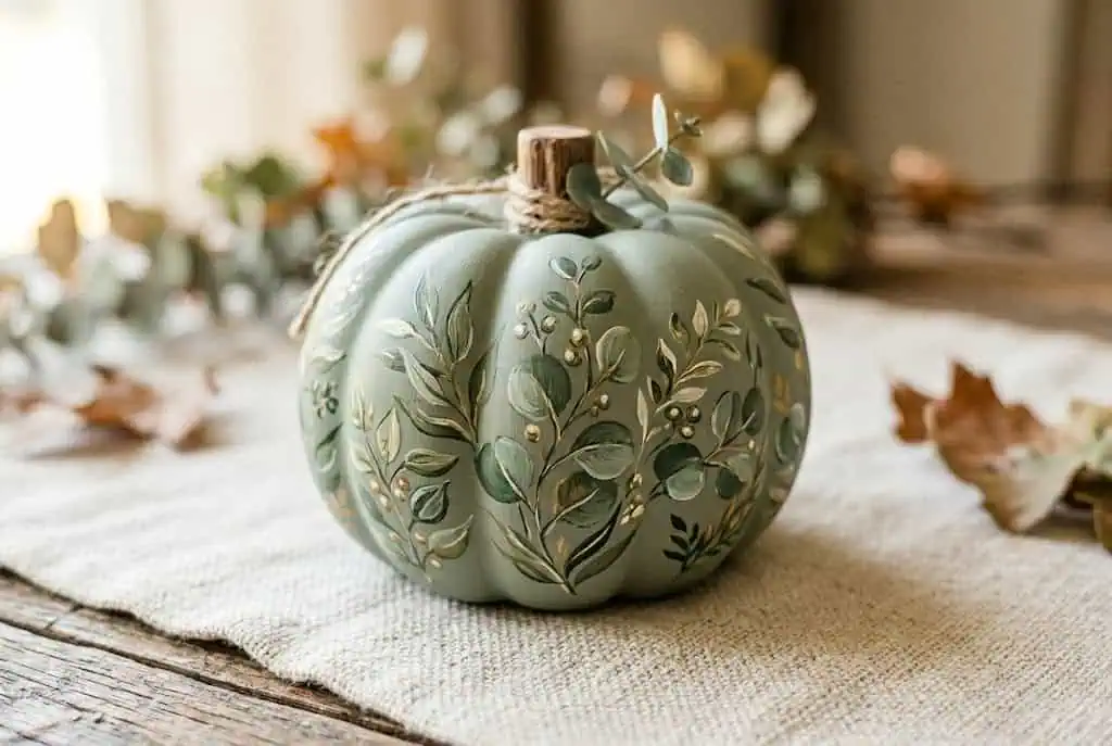 Sage green pumpkin with hand-painted eucalyptus leaves and botanical design