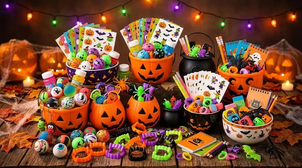Festive Halloween-themed party supplies with pumpkins, candies, and decorations for fun celebrations.