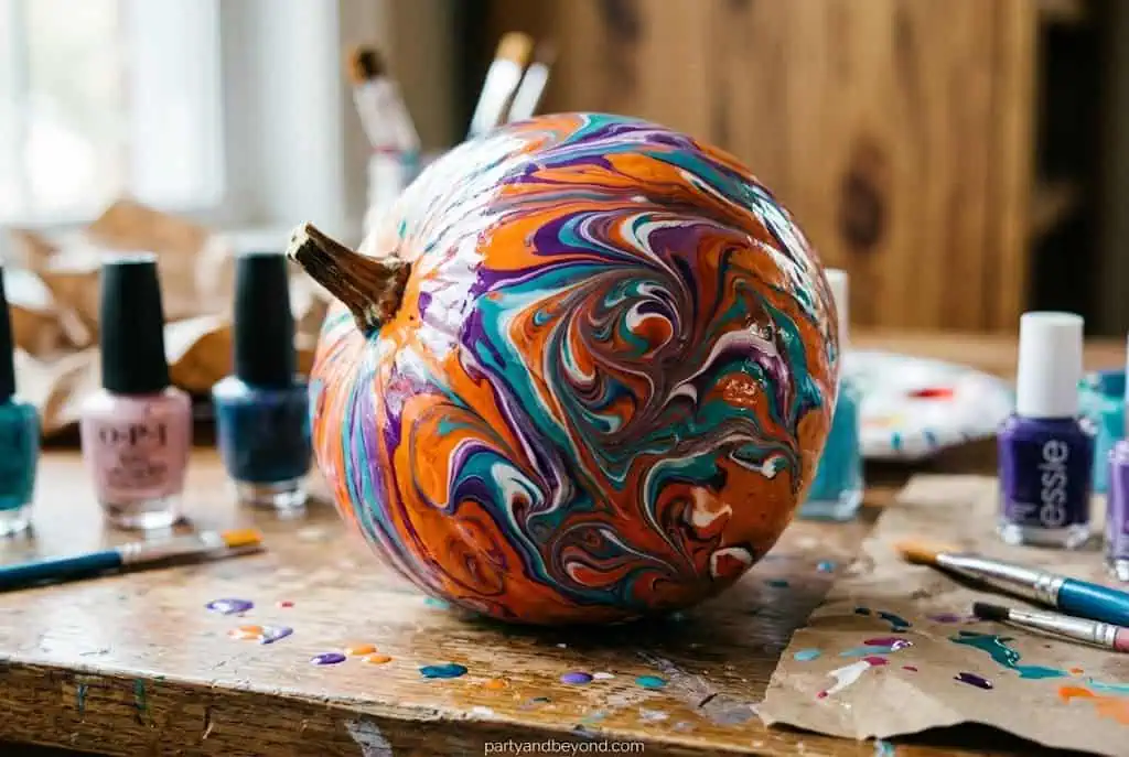 Marble patterned pumpkin created with swirling nail polish dip technique in mixed colors