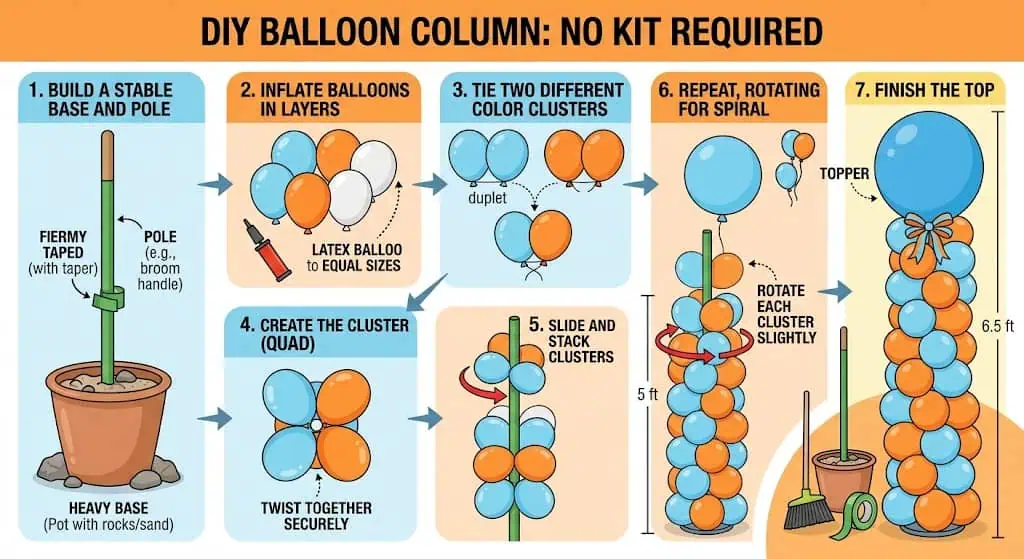 “DIY balloon column in party colors framing a birthday party entrance”