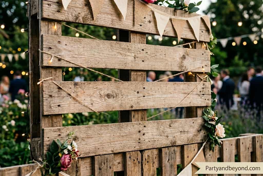 DIY wooden pallet backdrop decorated with greenery garlands and string lights for a rustic party photo booth with rustic party decoration ideas theme.