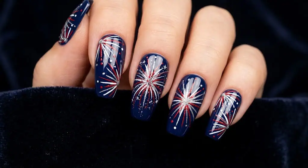 Navy nails with red and silver firework-style burst nail art for festive celebrations.