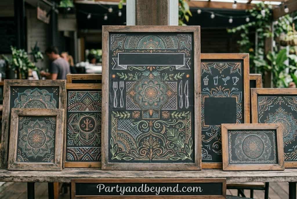 Rustic chalkboard party sign with hand-lettered menu displayed beside a decorated food station.