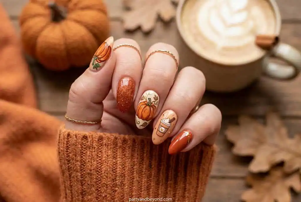 Fall-themed pumpkin nail art with orange and beige tones on manicured nails.