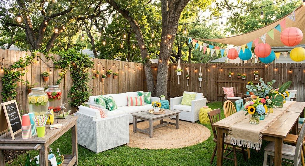 Outdoor summer party setup with string lights, colorful balloons, and garden furniture in a backyard.