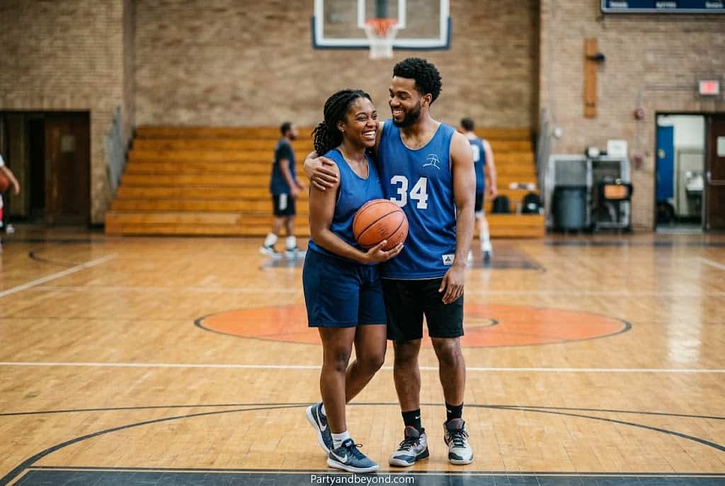 Black couple wearing basketball jerseys inspired by Monica and Quincy from Love & Basketball.
