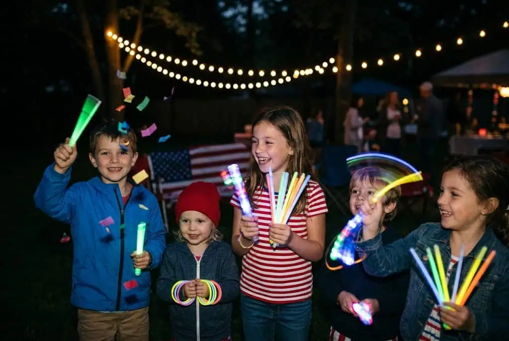 “Safe July 4th fireworks alternatives for kids including glow sticks LED wands bubble toys and confetti poppers”