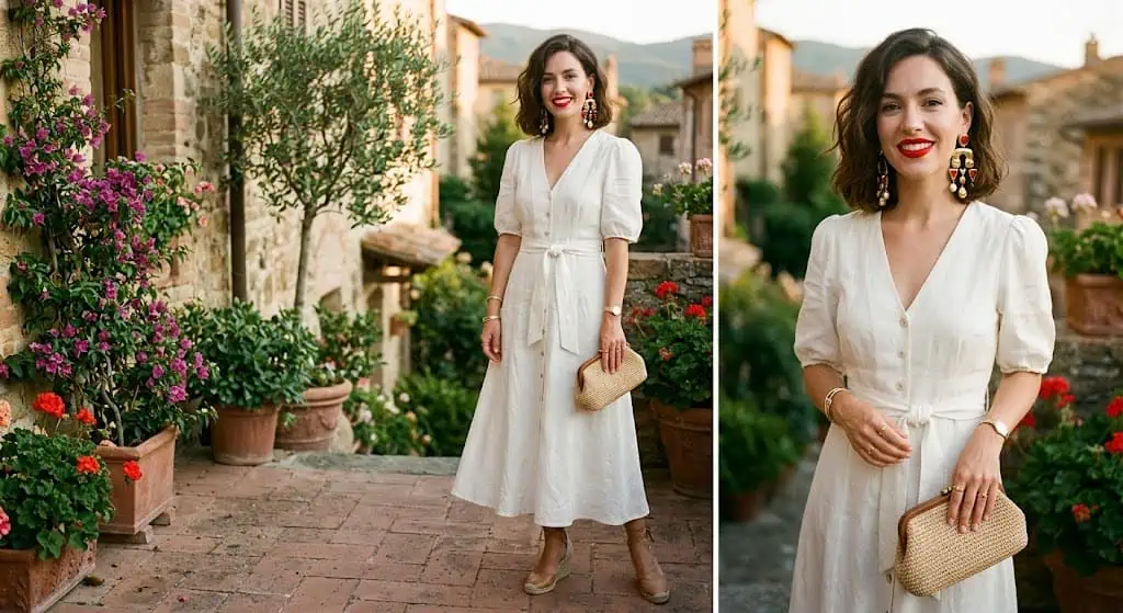 Minimal white linen dress styled with bold red lipstick and gold jewelry for summer elegance