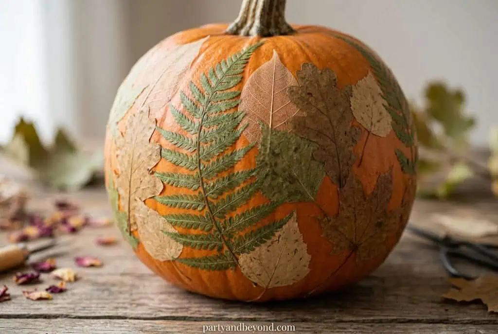 Pumpkin decorated with pressed green ferns sealed in decoupage style