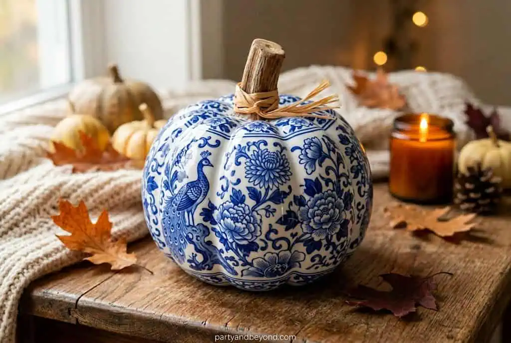 White pumpkin with intricate blue floral chinoiserie hand-painted pattern