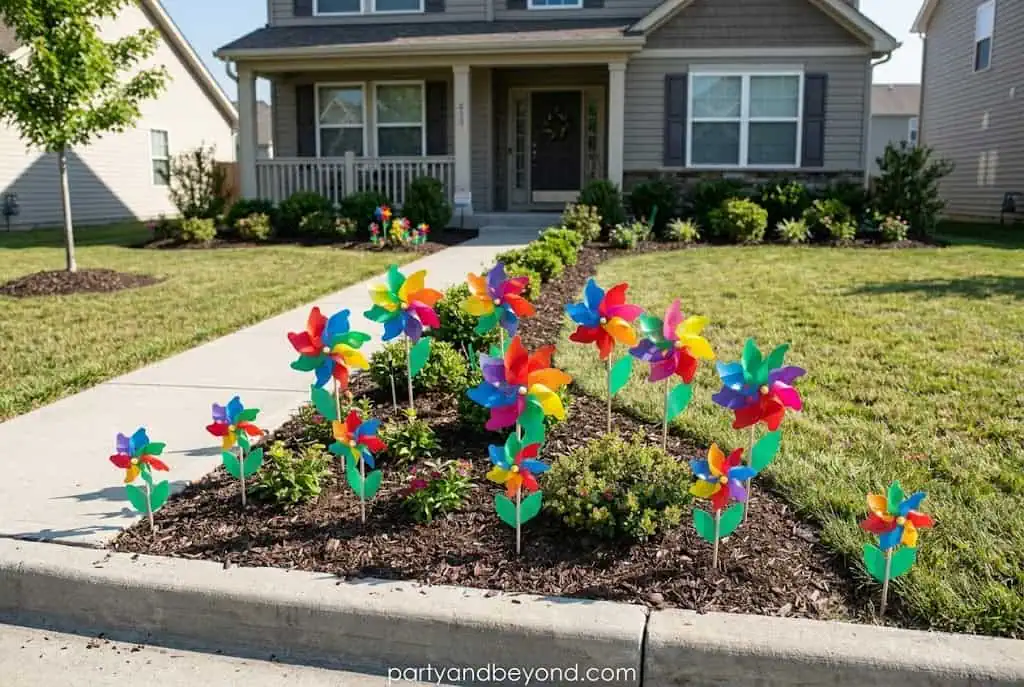 Patriotic pinwheel display in a front yard for 4th of July celebration