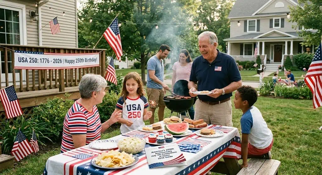 Family enjoying a patriotic 4th of July barbecue outdoors with American flags and festive decoration.