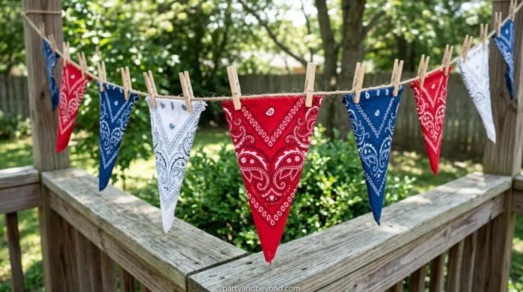 Rustic bandana bunting made from red, white, and blue cloth hanging across a picnic table.