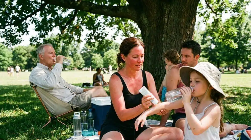 Children drinking water and resting in shaded area during hot summer party 4th of july safety tips party host