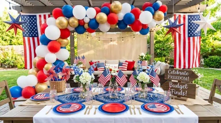 Patriotic outdoor party setup with American flags, balloons, and festive tableware for a fun Indepen.