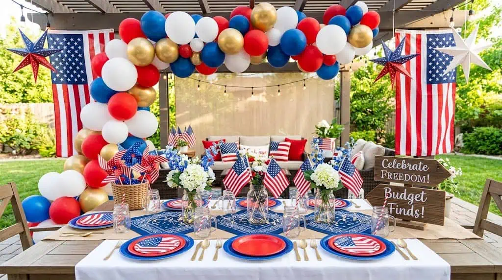 Patriotic outdoor party setup with American flags, balloons, and festive tableware for a fun Indepen.