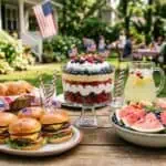How Much BBQ Food for 50 People? Exact Quantities for 25, 50 & 100 Guests (2026) American-themed outdoor picnic with burgers, watermelon, and patriotic decorations.