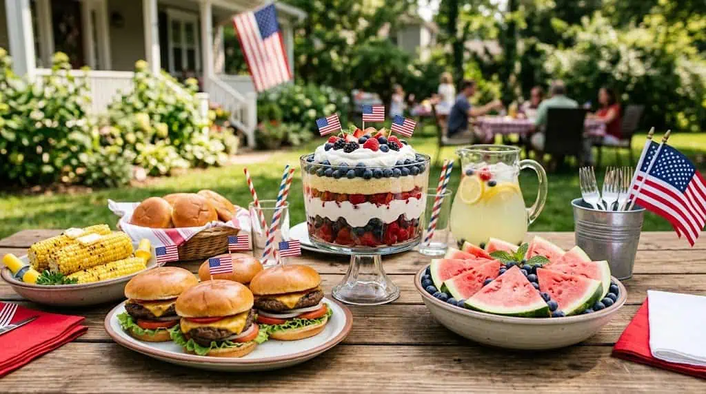 American-themed outdoor picnic with burgers, watermelon, and patriotic decorations.