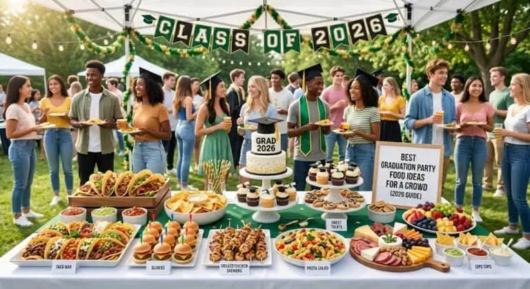Diverse group of graduates celebrating at a graduation party with food and decorations.