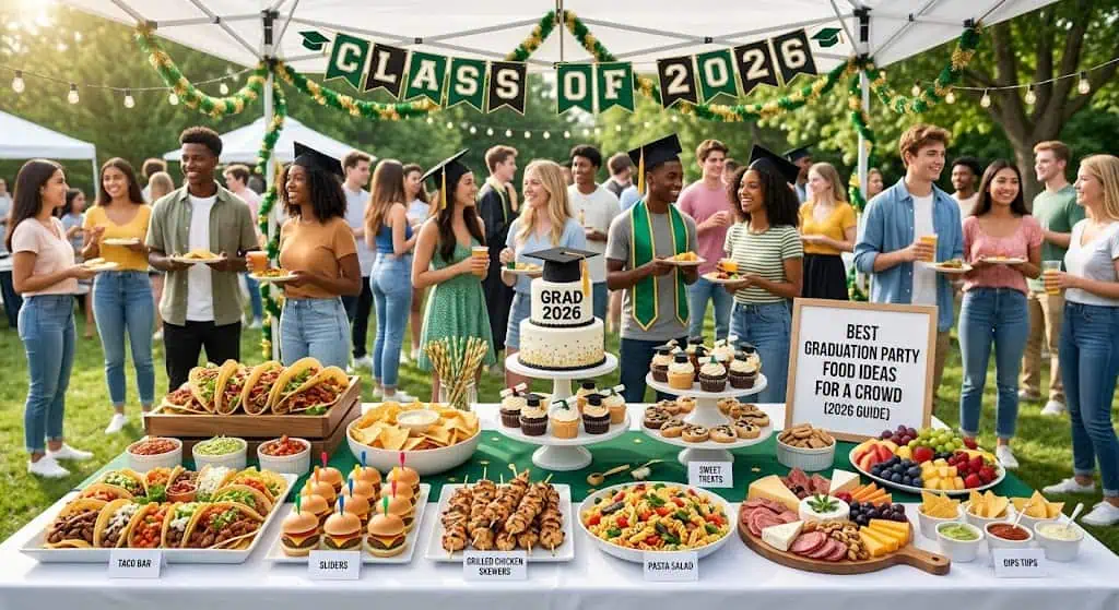 Diverse group of graduates celebrating at a graduation party with food and decorations.