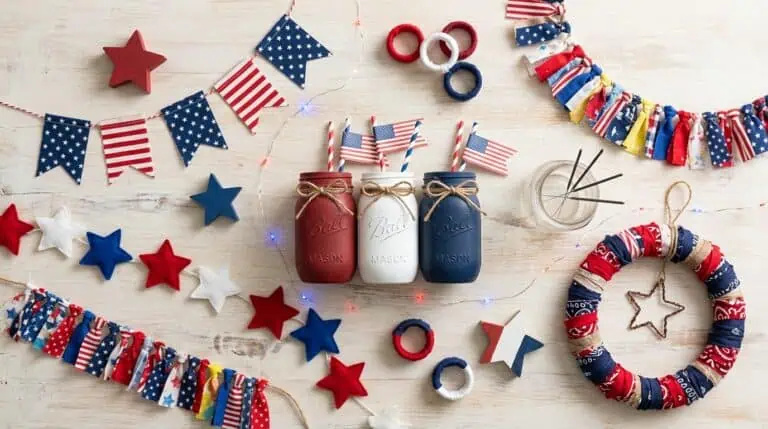 Patriotic party decorations with American flags, stars, and themed jars for a festive celebration.