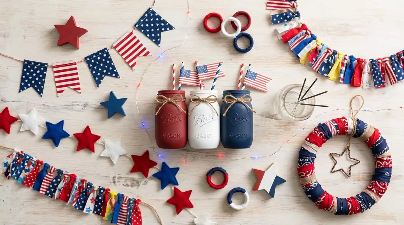 Patriotic party decorations with American flags, stars, and themed jars for a festive celebration.