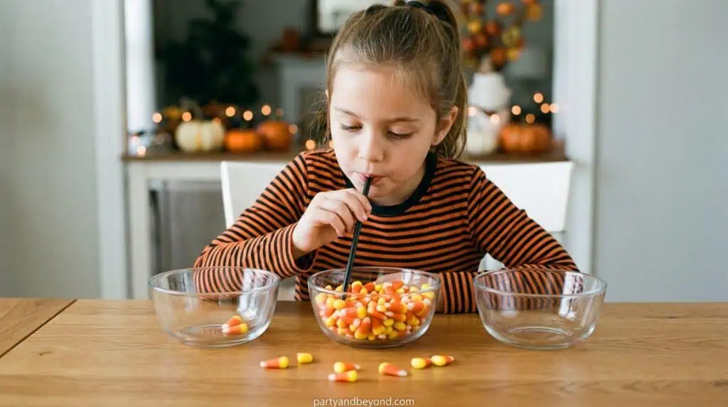 Participants balancing small candies on a craft stick held in their mouth during a Halloween party game.
