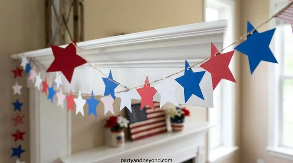 Handmade star garland hanging across a mantel using red, white, and blue paper stars.