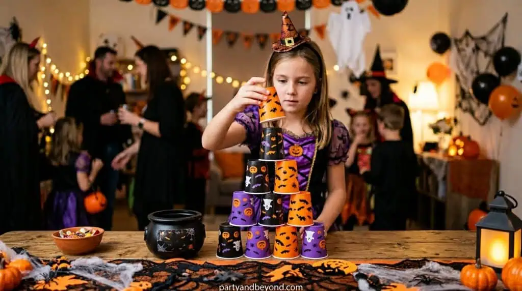 Adults stacking plastic cups into a pyramid as fast as possible during a Halloween competition.