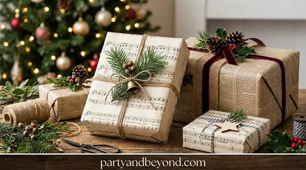 Rustic Christmas gift wrapping with pine sprigs, natural twine, and woodland-inspired holiday decor