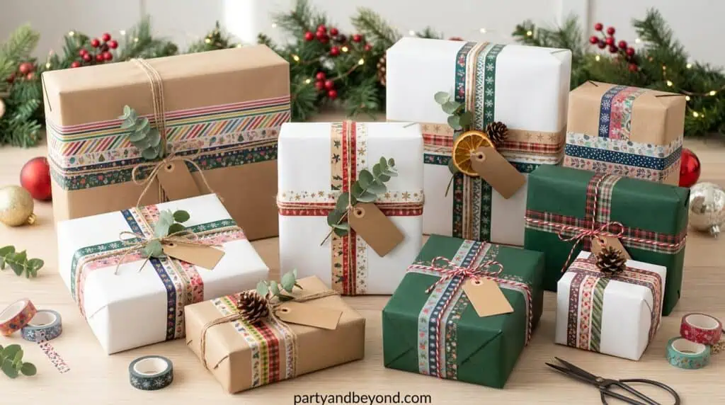 Creative holiday gift wrapping decorated with colorful washi tape patterns on plain paper