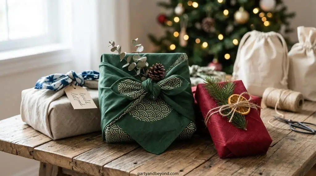 Creative holiday gift wrapping decorated with colorful washi tape patterns on plain paper