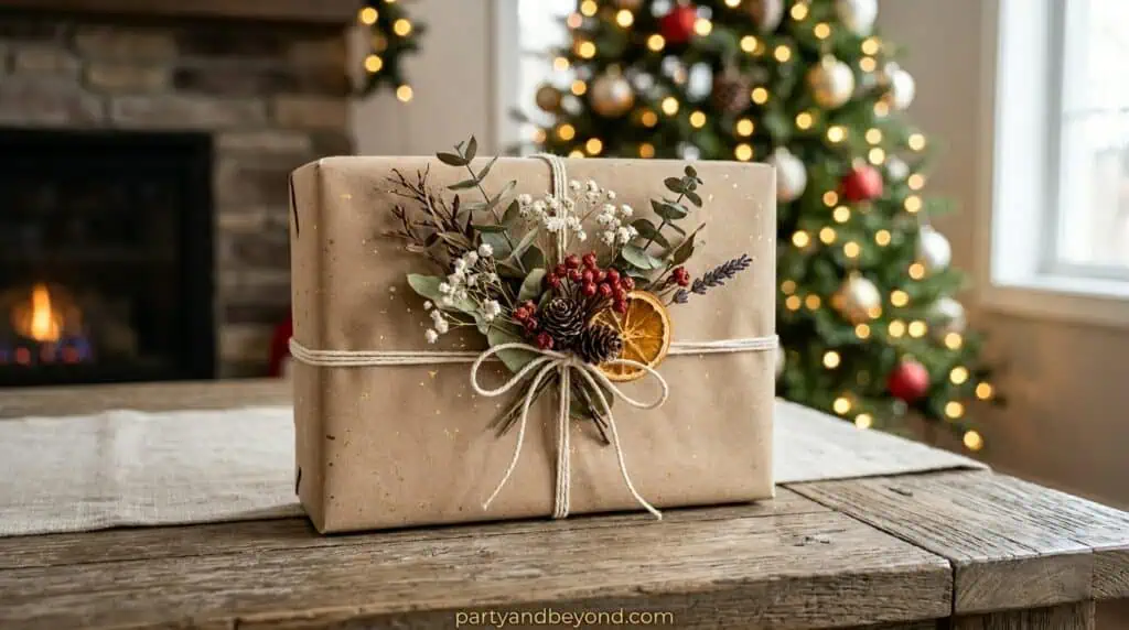 Christmas gift with a personalized photo gift tag attached using ribbon for a sentimental touch