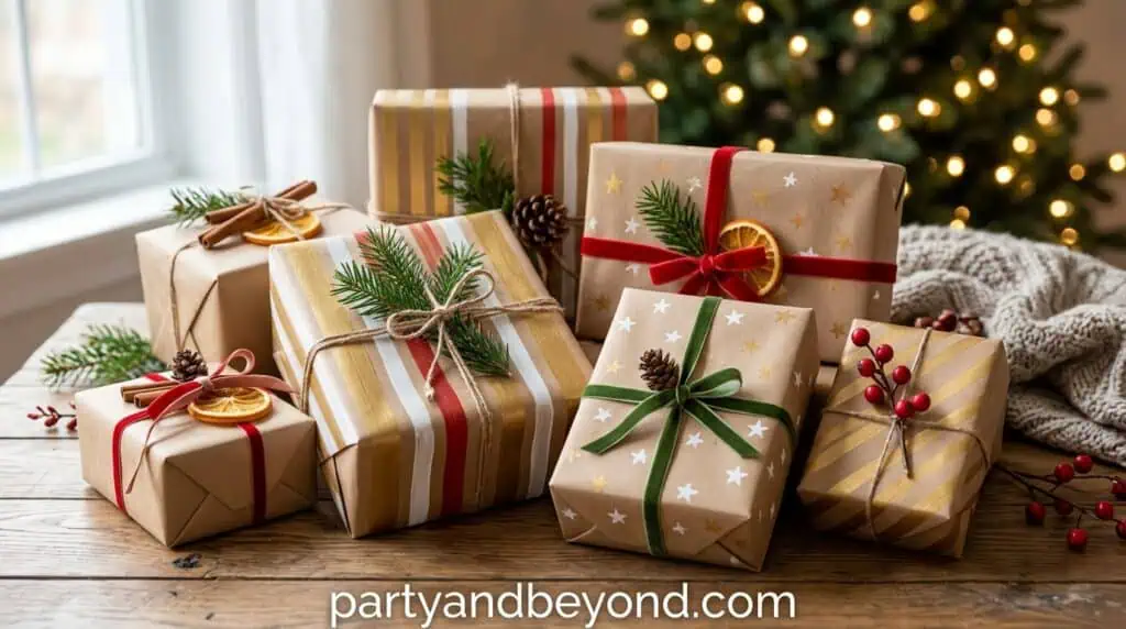 Textured Christmas gift wrapping using kraft paper, velvet ribbon, and dried orange slices.